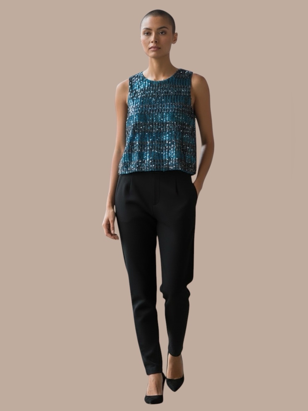 Alice + Olivia Turquoise Sequin Overlay Sleeveless Top